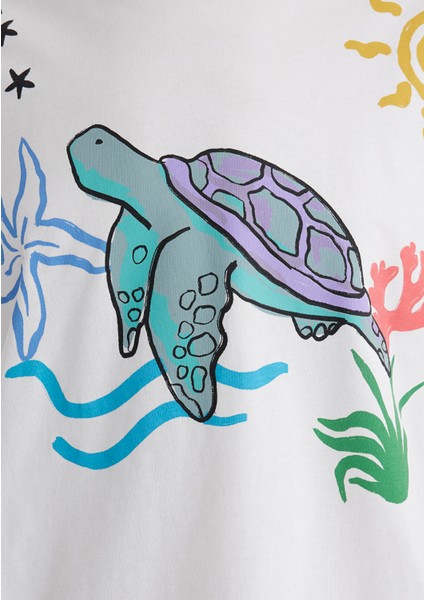 Indigo Turtles Baskılı Ekru Tişört 1613532-70057
