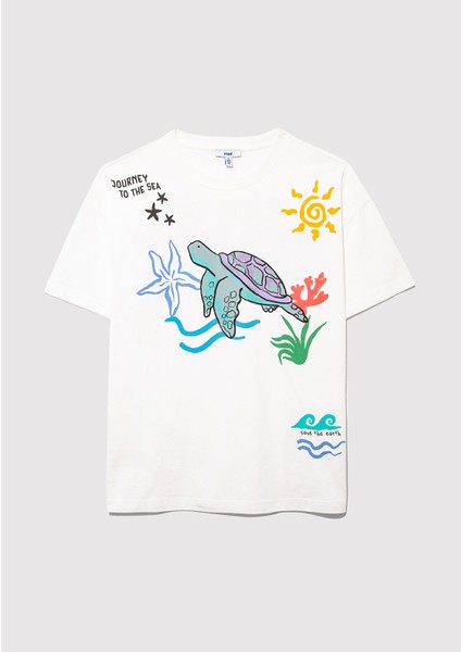 Indigo Turtles Baskılı Ekru Tişört 1613532-70057