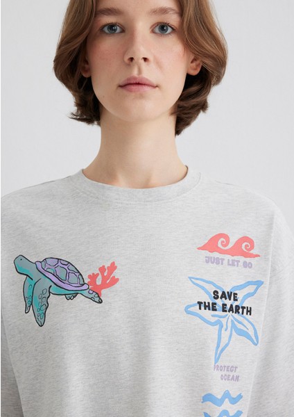 Indigo Turtles Baskılı Gri Tişört 1613533-87033