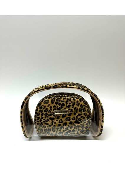 Leopar Desenli Büyük Boy Çift Çantalı Makyaj Çantası
