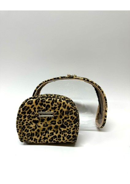 Leopar Desenli Büyük Boy Çift Çantalı Makyaj Çantası modelleri