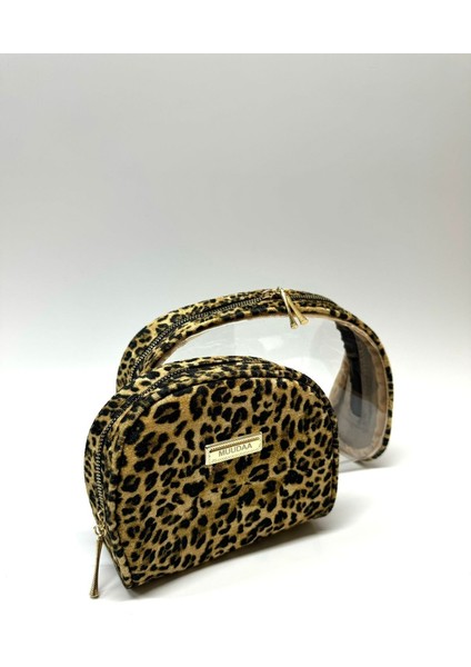 Leopar Desenli Büyük Boy Çift Çantalı Makyaj Çantası fırsatları