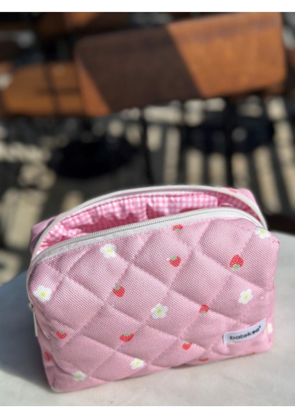 Mini Çilek Desenli Şık Makyaj Çantası, Pembe, Büyük Boy