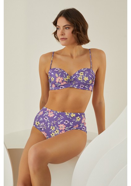 Renkli Bloom Yüksel Bel Tek Alt Bikini modelleri