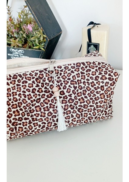 Leopar Desenli Seyahat ve Makyaj Çantası, 30X10, Kahverengi