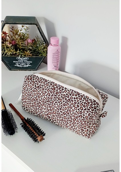 Leopar Desenli Seyahat ve Makyaj Çantası, 30X10, Kahverengi fiyatları
