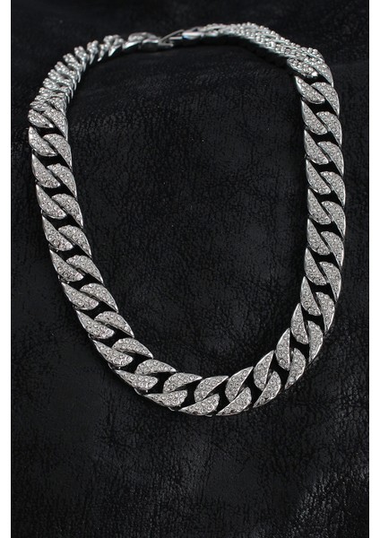 Pirinç Zirkon Taşlı Cuba Gurmet Model Gümüş Renk Erkek Kolye - TJ-ERK1404