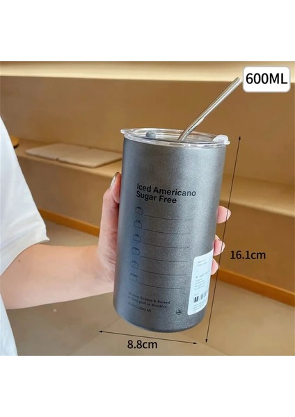Taşınabilir 600ML Termos Kupası 304 Paslanmaz Çelik Kahve Kupası Termal Sızıntı Dötül Yalıtımlı Su Şişesi Saman Yalıtımlı Şişe Içki Kazanımı600MLGri (Yurt Dışından)