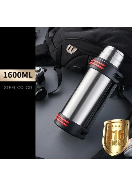 Dutrieux Ev Paslanmaz Çelik Termos Şişesi Yüksek Kapasite Açık Dış Motor Dağ Tırmanma Su Şişesi Termos Kupası Kapasite1000-3000MLGümüş 1600ML (Yurt Dışından)