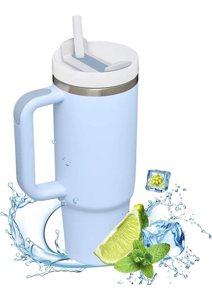 Hanlde ile Yalıtılmış Tumbler 1200ML Metal Paslanmaz Çelik Vakum Taşınabilir Saman Kupası Sıcak ve Soğuk Kahve Kapasitesi Için Büyük Termal Kupa1000-1500MLMavi (Yurt Dışından)