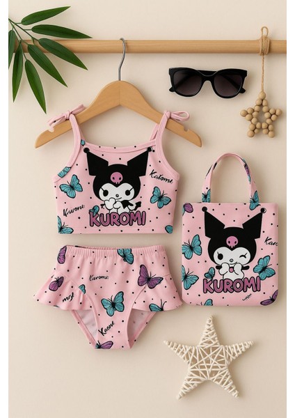 Krm Baskılı Çantalı Kız Çocuk Mayo bikini takım - Açık Pembe