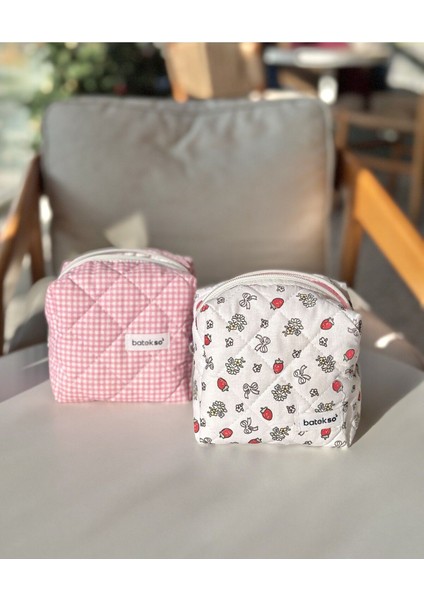 Renkli 2'li Küçük Makyaj Çantası, Kırmızı Çilek ve Pembe Kare Desenli Set