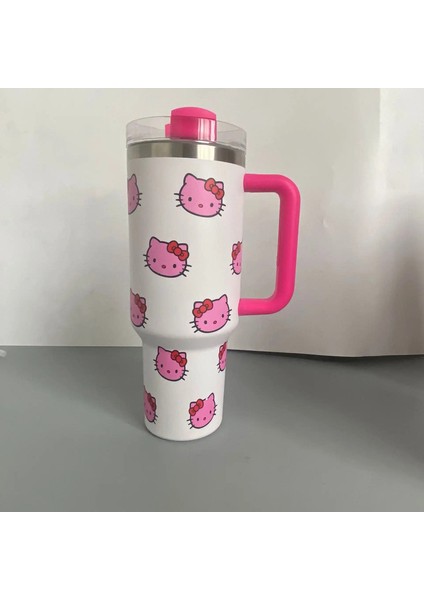40OZ Sanrio Hello Kitty Paslanmaz Çelik Yalıtımlı Kupa Saplı Saman Kurı Büyük Kapasiteli Termos Içecekler Kok Kahve KupaC (Yurt Dışından)