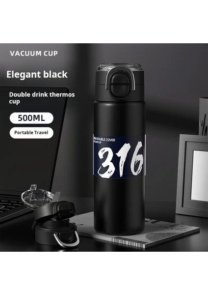 316 Paslanmaz Çelik Vakum Yalıtımlı Büyük Kapasiteli Çift Içme Pop Up Kupa Açık Mekan Taşınabilir Araç Dostu Su Şişesi Benim Için Kapasite500MLSiyah (Yurt Dışından)