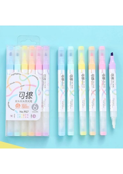 6pcs/set Silinebilir Vurgulayıcılar Kawaii Öğrenciler Kırtasiye Çift Uçlu Pastel Floresan Kalem Sanat Çizim Kıy Işaretleme Pencolor6 (Yurt Dışından)
