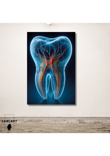 Tekli Dikey Kanvas Diş Poliklinik Tablosu Mavi Sinirler ve Diş