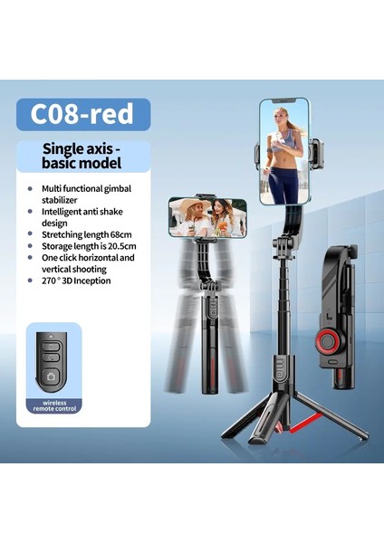 Cool Dier 2025 Yeni Bluetooth El Gimbal Sabitleyici Cep Telefonu Selfie Stick Smartphone Tiktok Için Ayarlanabilir Tripod Canlı Kırmızı (Yurt Dışından)