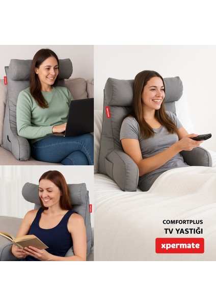 Comfortplus Tv Yastığı, Kollu Yastık, Ayarlanabilir Sırt Destek Yastığı, Boyun Desteği, Tv Yastık ve Üçgen Yastık, Fermuarlı Sırt Yastığı, Bel Yastığı Gri fırsatları