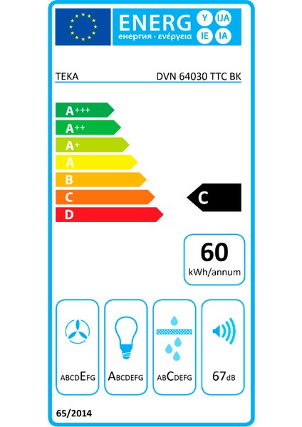 DVN 64030 TTC BK Duvar Tipi Davlumbaz 445 m³/h Siyah Cam 60 cm 112950004