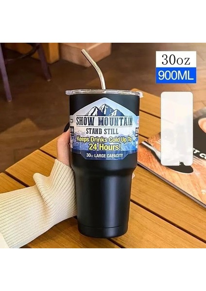 30ZO Paslanmaz Çelik Dondurucu Termos Kupası Saman Buz Kahvesi Içecek Vakumlu Yalıtımlı Şişe Araba Seyahati Dış Mekan Termostatik Keklik901-1000MLPipetli Siyah (Yurt Dışından)