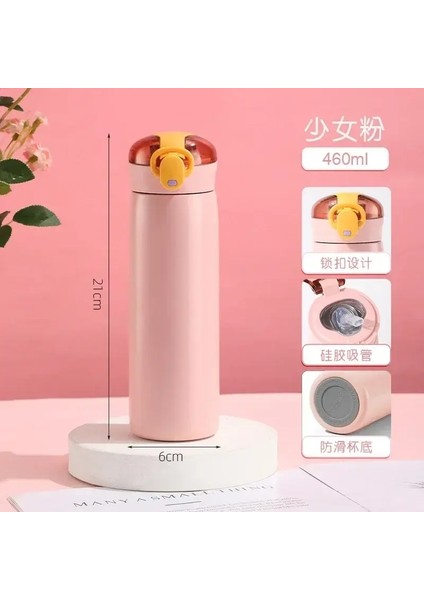 Çocuk Termos Kupa Saman Paslanmaz Çelik Karikatür Vakum Şişeler Çocuk Termal Su Şişesi Tumbler Yalıtımlı Kur Içki KapasitesiGösteri/ OlarakPembe 460ML (Yurt Dışından)