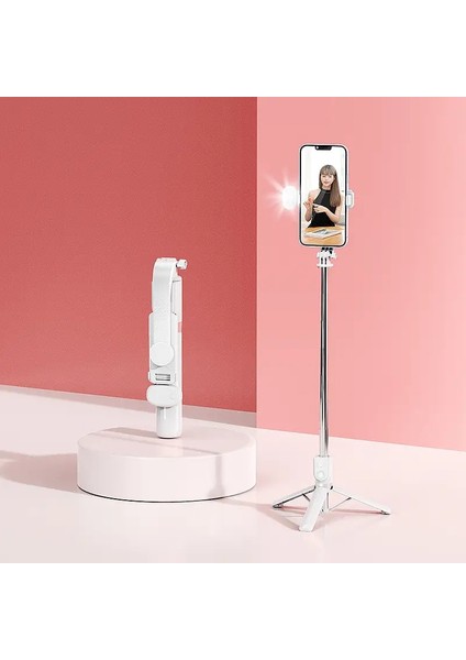 Elde Taşınır Tiktok Canlı Masa Montajı Pil Beyaz Için Dolgu Işığı ve Tripod Standı ile Uzatılabilir 1m Bluetooth Selfie Stick (Yurt Dışından)