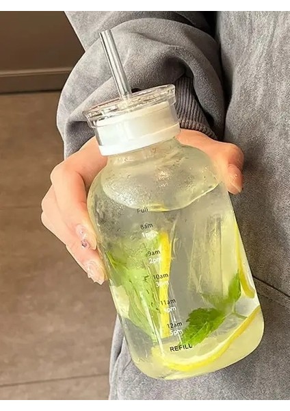 Temiz Cam Saman Saman Kupası Çift Kapaklı Sızdırmaz Kapak Yeniden Kullanılabilir Cam Içecek Şişe Süt Şişesi Zaman Işaretleyici 500ML Şeffaf (Yurt Dışından)