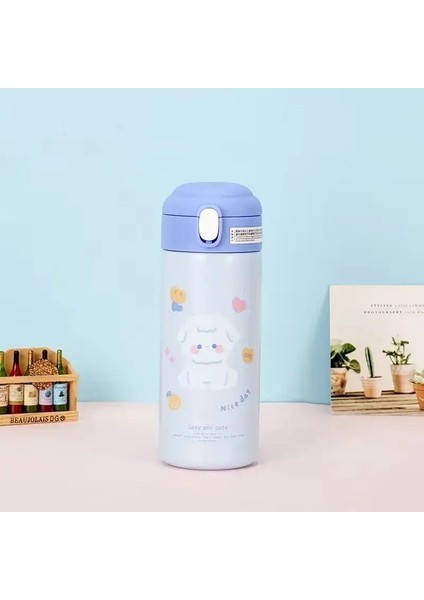 380ml Termos Vakum Şişesi Sevimli Karikatür 304 Paslanmaz Çelik Termal Su Şişesi Yalıtımlı Saman Kurı Tulumbil İçki Kapasitesi: 380ml/Renk: Mavi (Yurt Dışından)