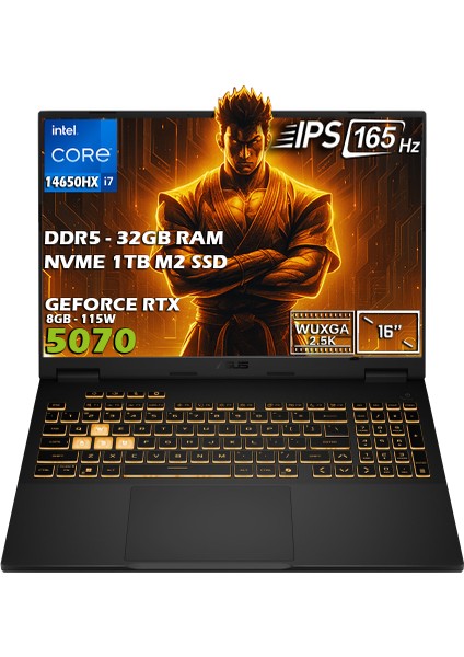 TUF Gaming F16 FX608JPR-QT002-GAMING Intel Core i7 14650HX 32GB 1TB SSD RTX 5070 8GB 115W 16" 2.5K WQXGA 165Hz IPS Panel Freedos Taşınabilir Bilgisayar