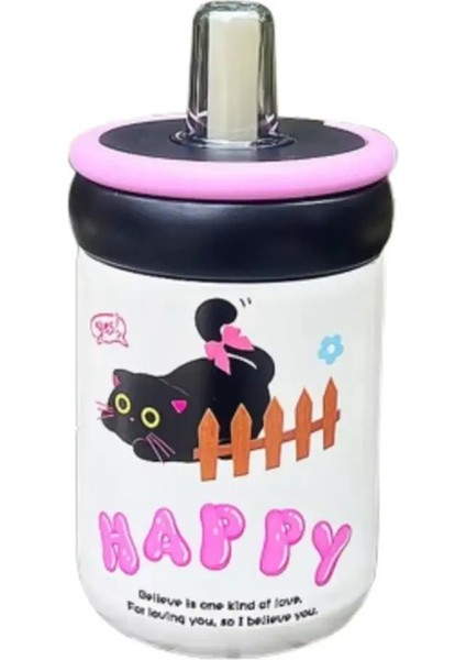 Sızıntılı 500ML Yalıtımlı Su Kupası Karikatür Kara Kedi Termos Şişesi Sap Vakum Şişesi Saman Içme Kupası Kız Kapasitesi Için401-500MLPembe (Yurt Dışından)