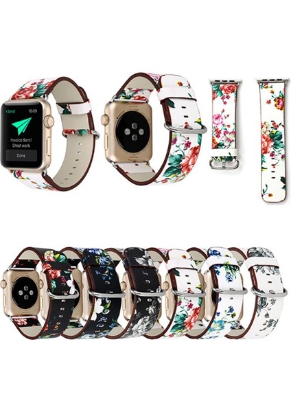 Ally Apple Watch 7-8 41MM 6-5-4 40MM Gül Desenli Pu Deri Kordon Kayış 3-2-1 38MM- - EMY7427-2430