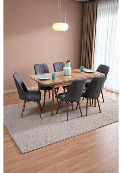 Mutfak Masası Takımı | 6 Kişilik Açılır Masa Sandalye Takımı | Salon Masası Takımı | Yemek Masası Takımı | Masa Takımı - Antrasit