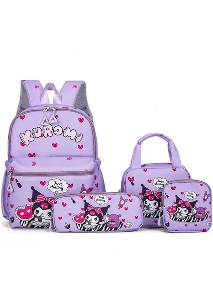 4pcs Kuromi Sırt Çantası, Kalem Kılıfı, Omuz Çantası, Cüzdan Seti, Hello Kitty Sanrio School Bag, Melody Dışarıda Day Pack Renk: Kuromi-A (Yurt Dışından)