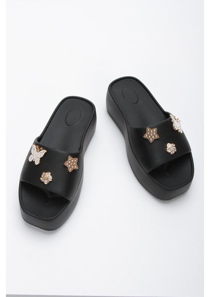 Simi Siyah Taşlı Yüksek Taban Platform Eva Plaj Yazlık - Günlük Terlik