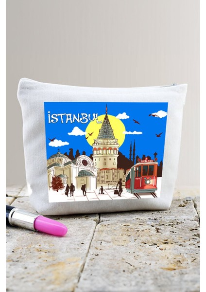 Beyaz Renkli Şık Çok Amaçlı Bez Makyaj Çantası