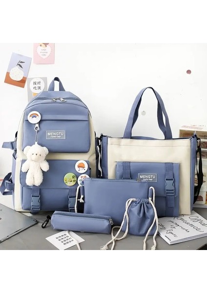 5pcs Kit Sırt Çantası Kadın Moda Bayan Yüksek Kapasiteli Su Geçirmez Kolej Modaya Uygun Kızlar Dizüstü Bilgisayar Çantaları Sevimli Kız Seyahat Kitap Çantası Renk: Mavi Set (Yurt Dışından)