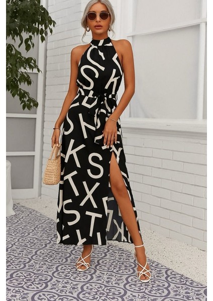 Kadın Omuzlardan Açık Halter Yakalı Yırtmaçlı Çiçek Desenli Süprem Elbise