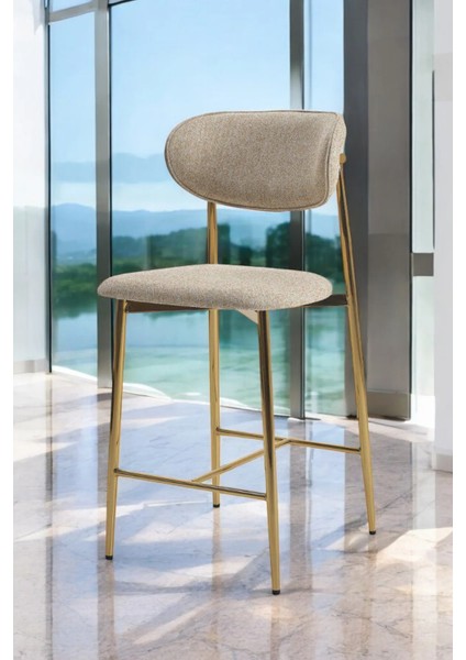 Hanev Serisi Geniş Oturma Alanlı Bar Sandalyesi – Krem Renk, Gold Metal Ayaklı