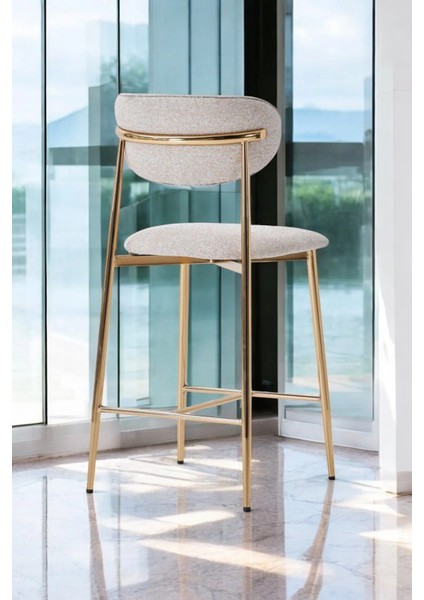 Hanev Serisi Geniş Oturma Alanlı Bar Sandalyesi – Krem Renk, Gold Metal Ayaklı