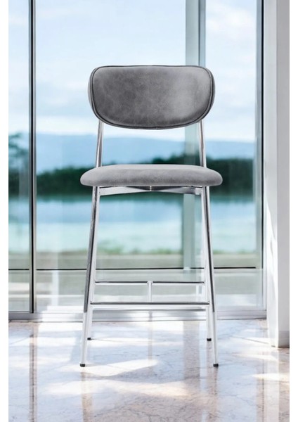 Hanev Serisi Geniş Oturma Alanlı Bar Sandalyesi – Gri Renk, Kromaj Metal Ayaklı