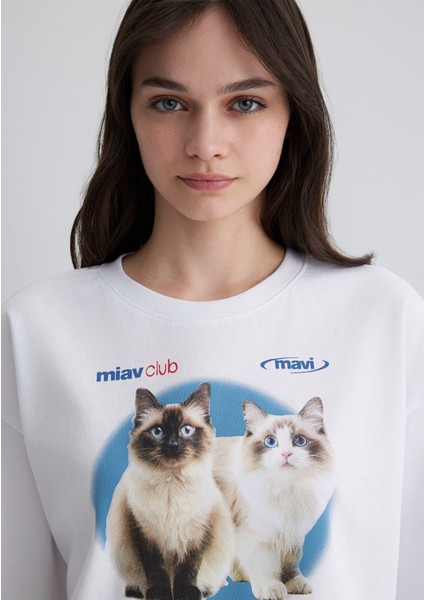 Kedi Baskılı Beyaz Tişört 1613098-620