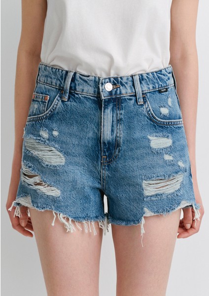 Tyra 90lar Gölgeli Indigo Mavisi Jean Şort 1410011-84398