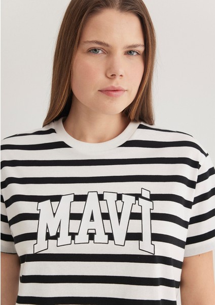 Mavi Logo Baskılı Siyah Çizgili Tişört 1611360-84041