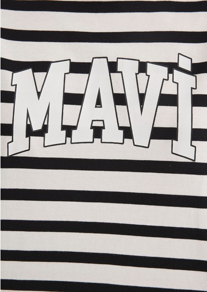 Mavi Logo Baskılı Siyah Çizgili Tişört 1611360-84041