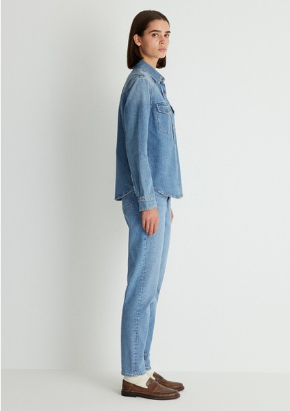Angela Classic Denim Puslu Indigo Mavi Jean Gömlek 1210819-87754
