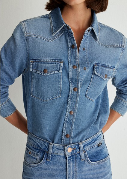 Angela Classic Denim Puslu Indigo Mavi Jean Gömlek 1210819-87754