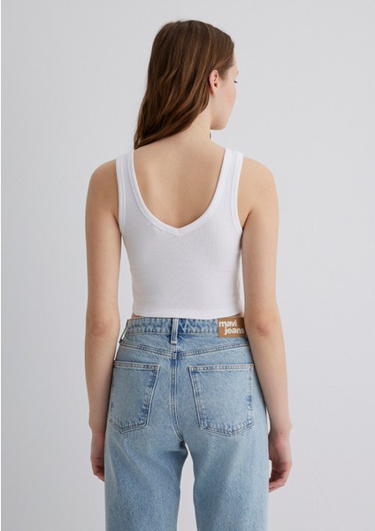 V Yaka Beyaz Basic Crop Atlet 1612375-620