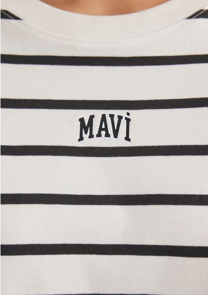 Mavi Logo Baskılı Siyah Çizgili Crop Tişört 1612227-86678