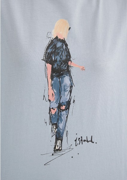 Denim Kız Baskılı Mavi İstanbul Tişört 1610222-70816