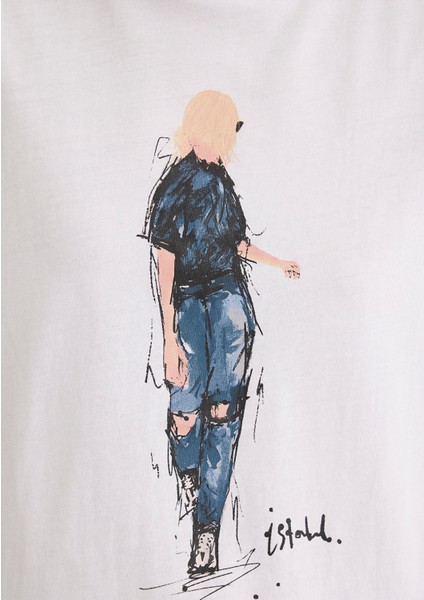 Denim Kız Baskılı Beyaz İstanbul Tişört 1610222-620